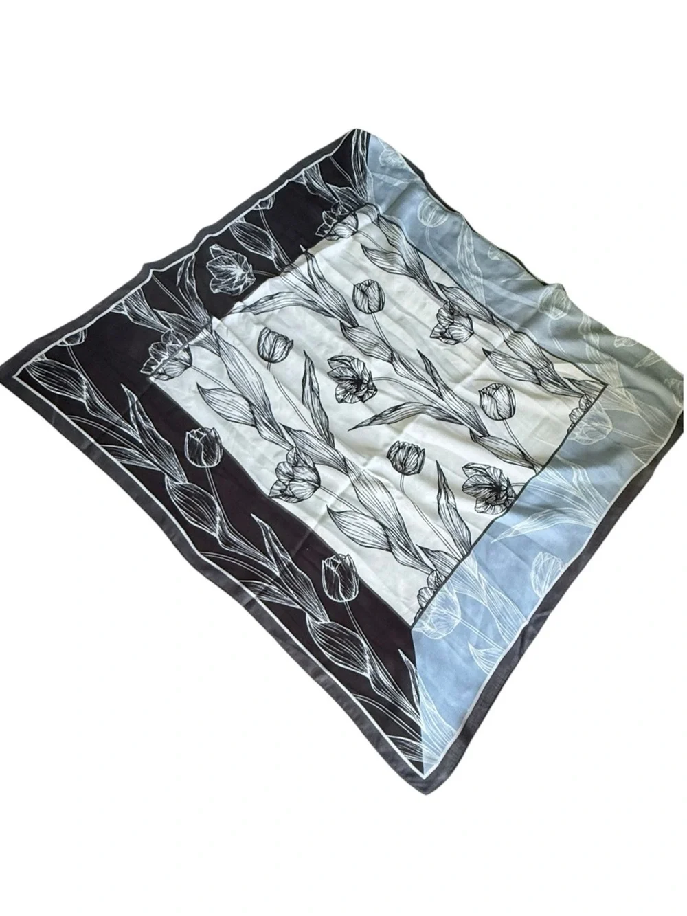 Elegant Black Light Blue & White Floral Scarf